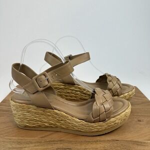 Womens Andre Assous Cecilia Nude Leather Platform Wedges Sandals‎ Size 9 - 9.5